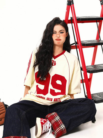 Retro V-neck Jersey Sports Style Short Sleeve T-shirt For Women MuddyStock