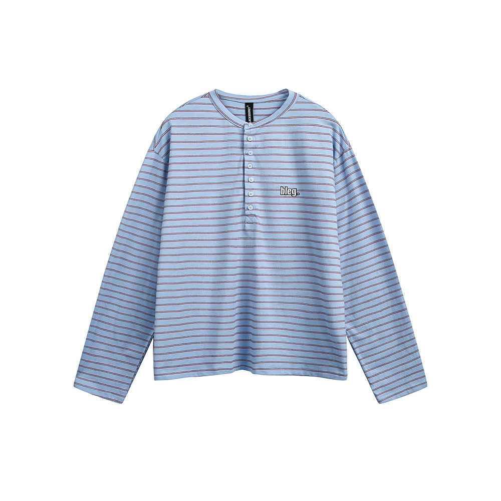 American Retro Women's Striped Long Sleeve Button T-shirt Blue null