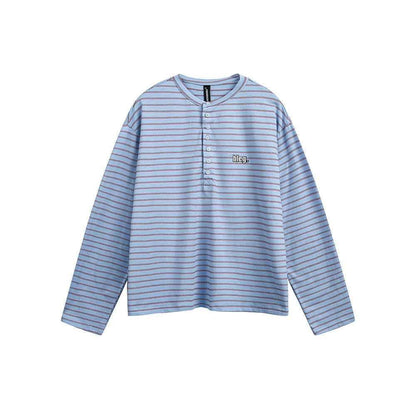 American Retro Women's Striped Long Sleeve Button T-shirt Blue null