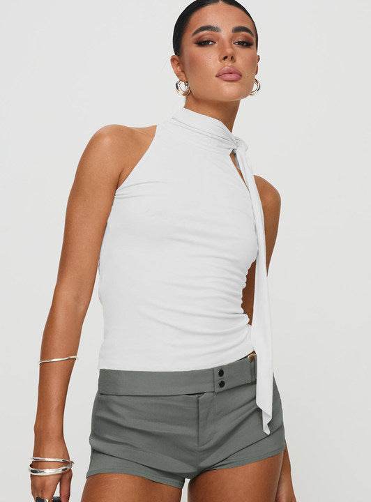 Women's Turtleneck Bundle Ribbon T-shirt Top White MuddyStock
