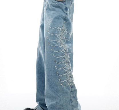 Niche Retro Washed Backbone Rivet Design Jeans For Men