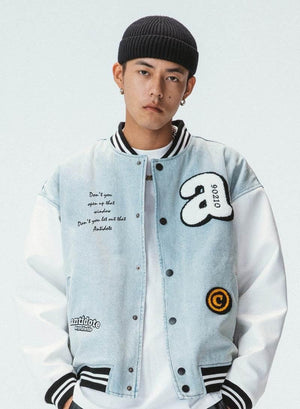 Cotton Towel Embroidered Washed Denim Baseball Uniform For Men Light Blue