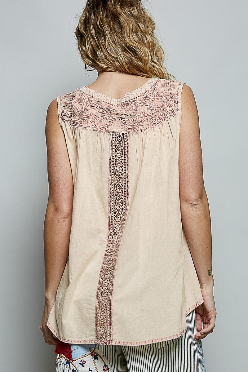 Button Down Round Neck Tank with Crochet Contrast