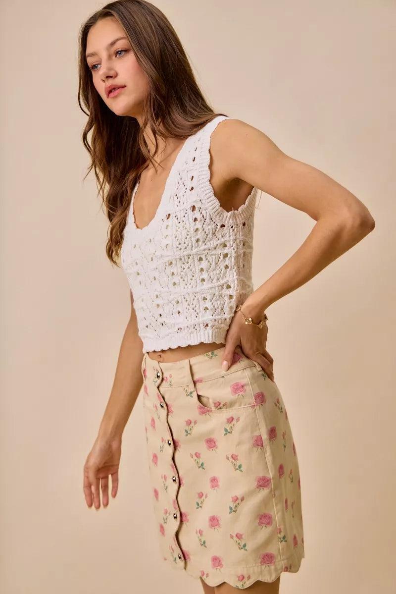 Floral Rose Print Cotton Twill Scallop Mini Skirt
