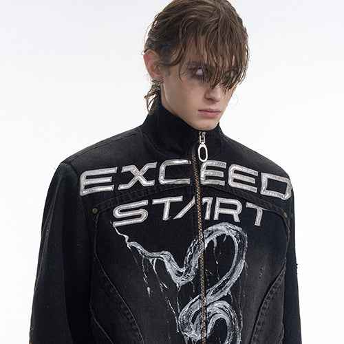 Hand-painted Snake Pattern Denim Coat For Men null