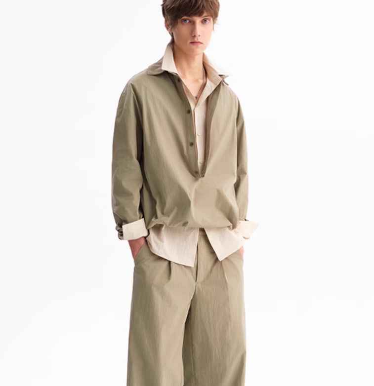 Deep V Elastic Lower Hem Loose Long Sleeve Shirt For Men