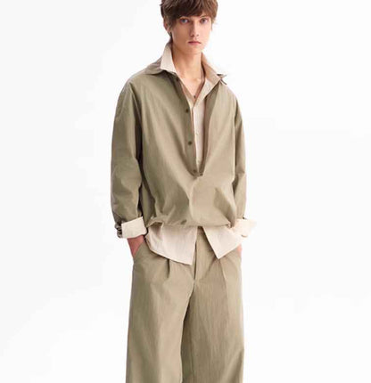 Deep V Elastic Lower Hem Loose Long Sleeve Shirt For Men
