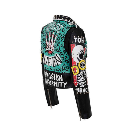 Punk Graffiti Print Leather Jacket For Women