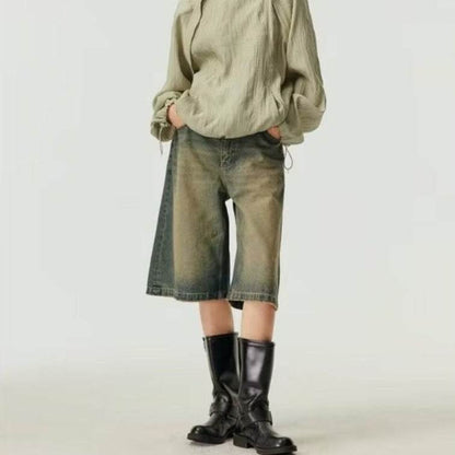Washed Casual Baggy Straight Trousers Middle Ripped Cropped Pants MuddyStock