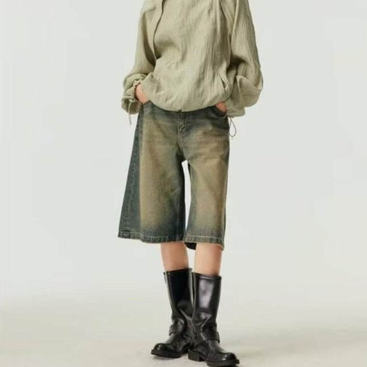 Washed Casual Baggy Straight Trousers Middle Ripped Cropped Pants MuddyStock
