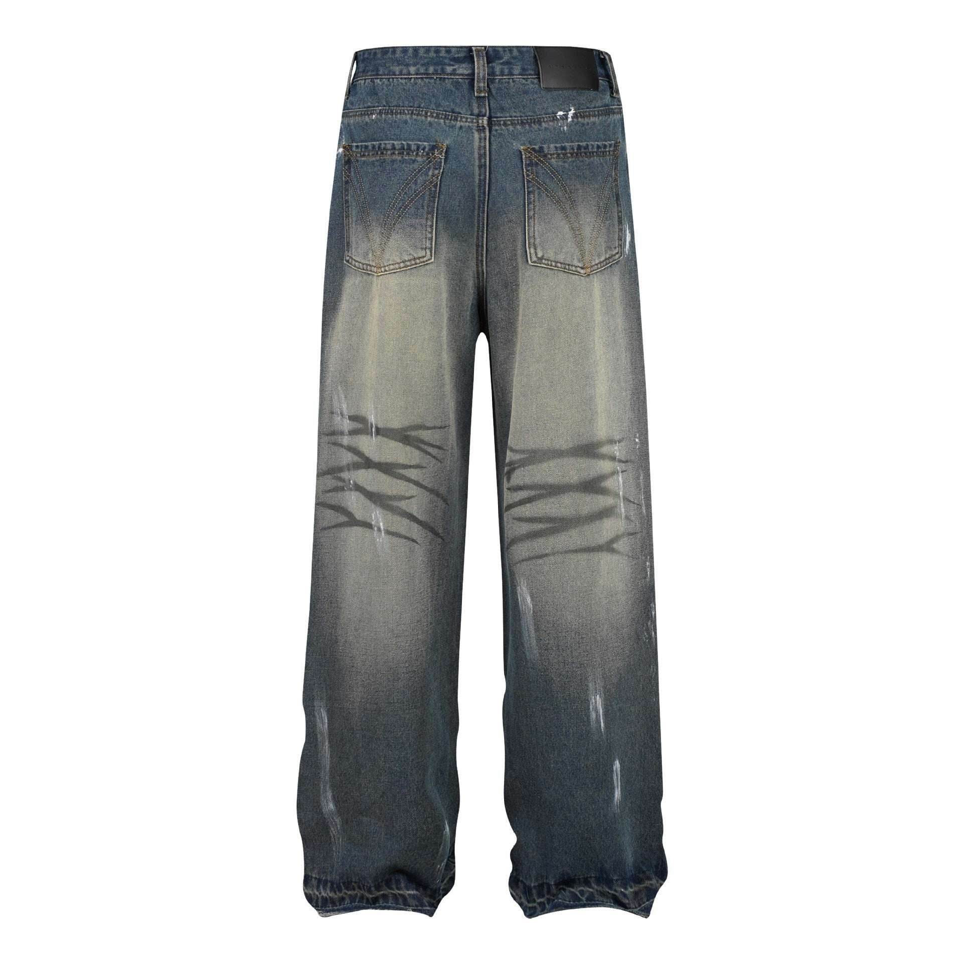 Retro Washed Distressed Graffiti Stitching Jeans Wide-leg Straight Trousers MuddyStock