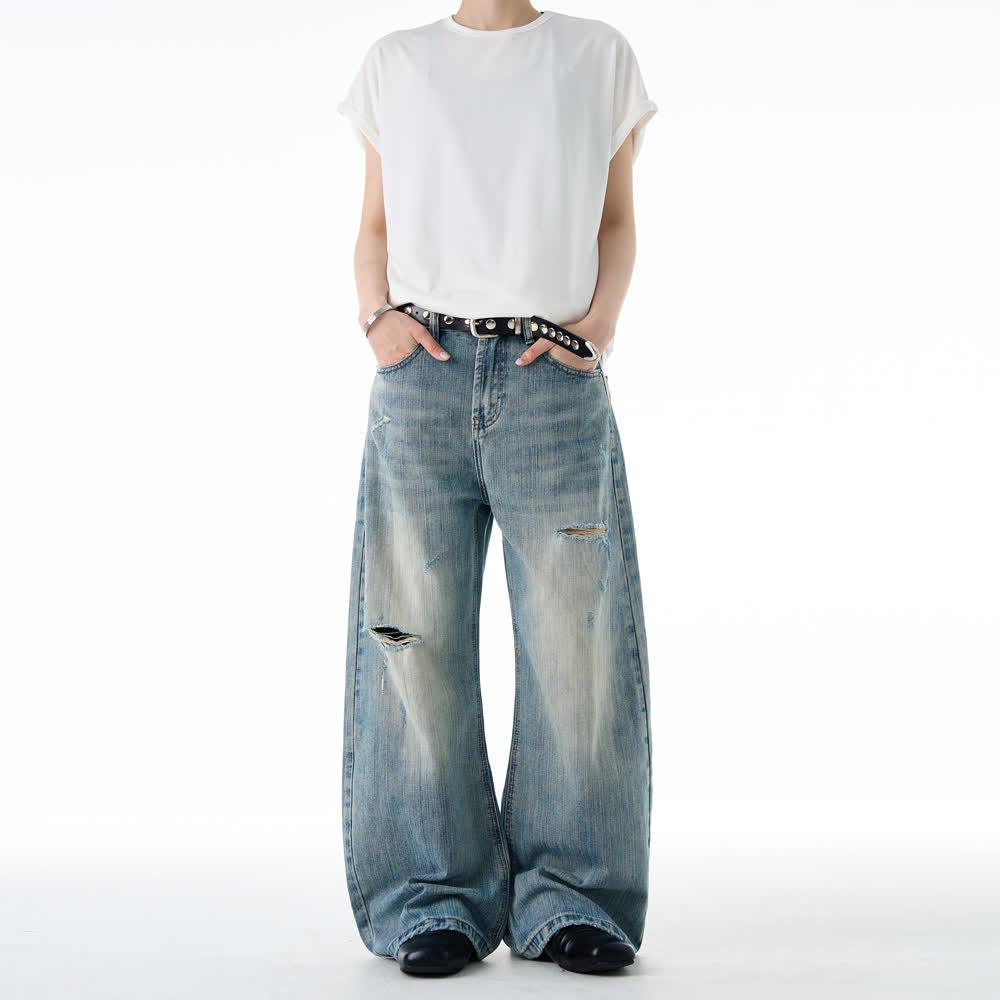 American-style Vintage Distressed Ripped Bootcut Jeans For Men