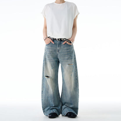 American-style Vintage Distressed Ripped Bootcut Jeans For Men