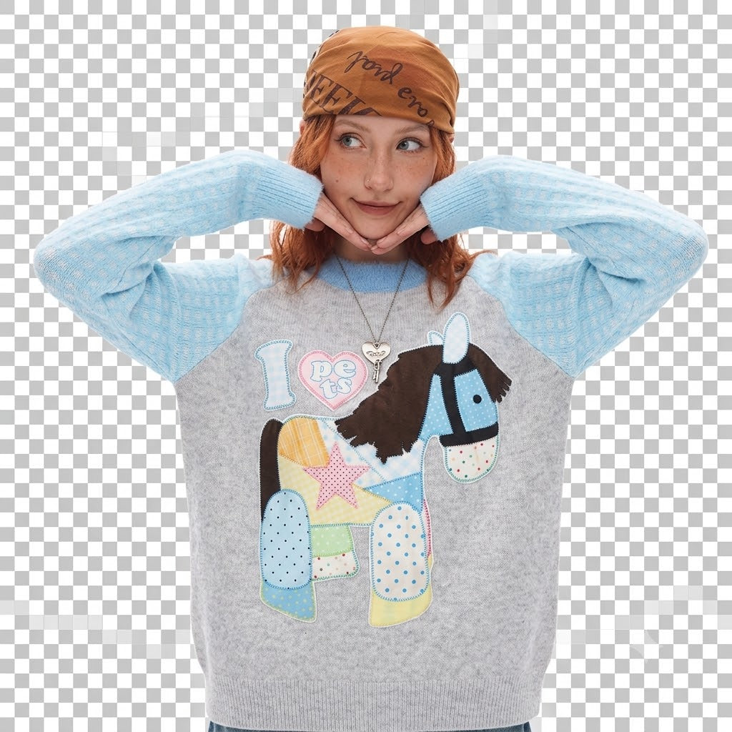 Color blocking pony pattern sweater for women | MuddyStock Originals
