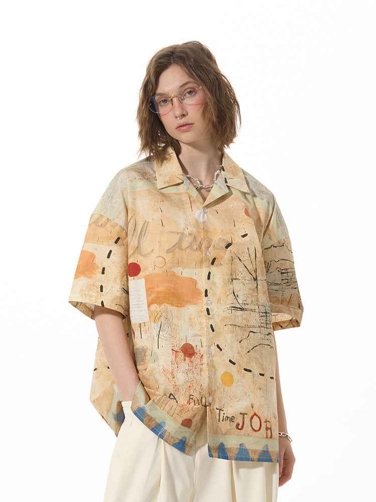 Casual Loose Graffiti Pine High Street Short Sleeve Shirt For Women MuddyStock