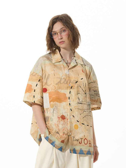 Casual Loose Graffiti Pine High Street Short Sleeve Shirt For Women MuddyStock