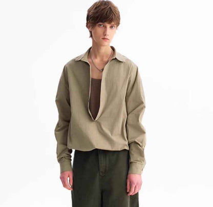 Deep V Elastic Lower Hem Loose Long Sleeve Shirt For Men