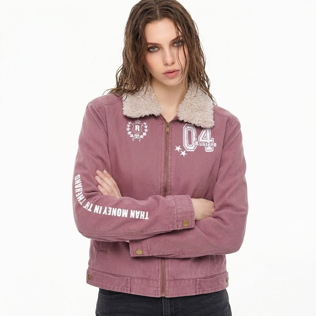 Women's Sherpa Distressed Print Turn-down Collar Short Moto Jacket | MuddyStock Originals