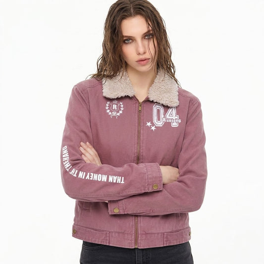 Women's Sherpa Distressed Print Turn-down Collar Short Moto Jacket | MuddyStock Originals