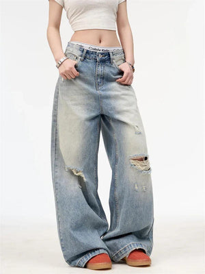 Retro Worn Looking Washed-out Straight Jeans For Men And Women Washed Blue