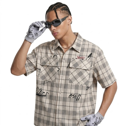 Japanese-style Retro Letter Graffiti Loose Plaid Short Sleeve Shirt For Men
