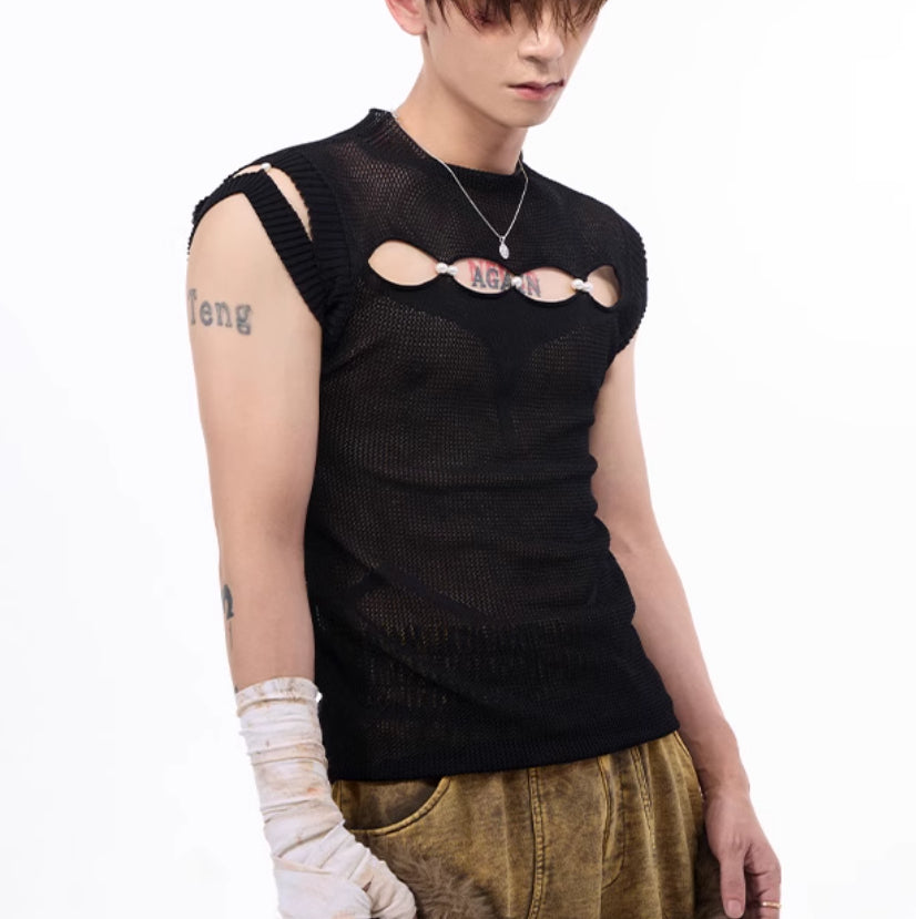 Dark Hollow-out Sleeveless T-shirt For Men
