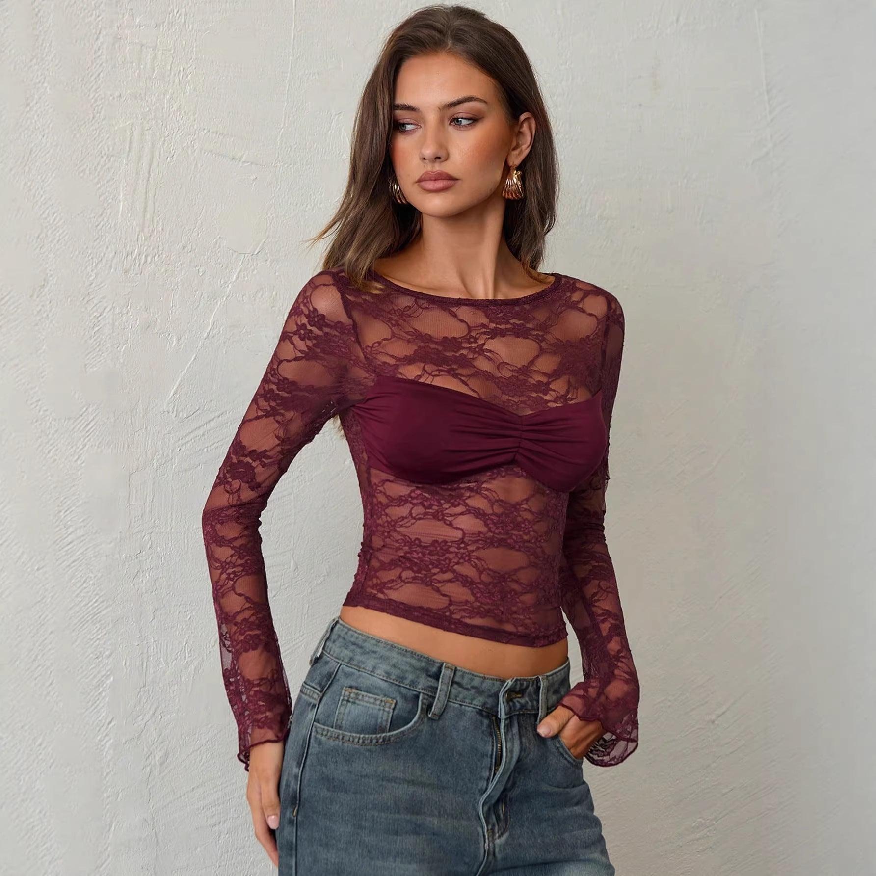 Women's Lace Sheer Long-Sleeve Top For Women