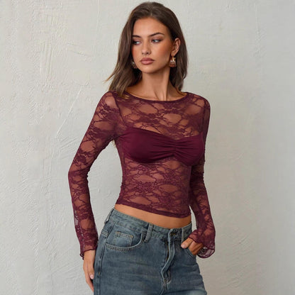 Women's Lace Sheer Long-Sleeve Top For Women