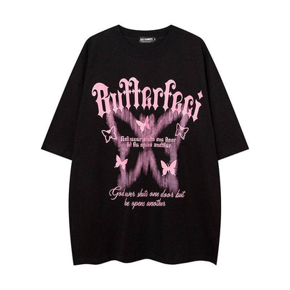 American High Street Butterfly Printed T-shirt For Men And Women Black MuddyStock