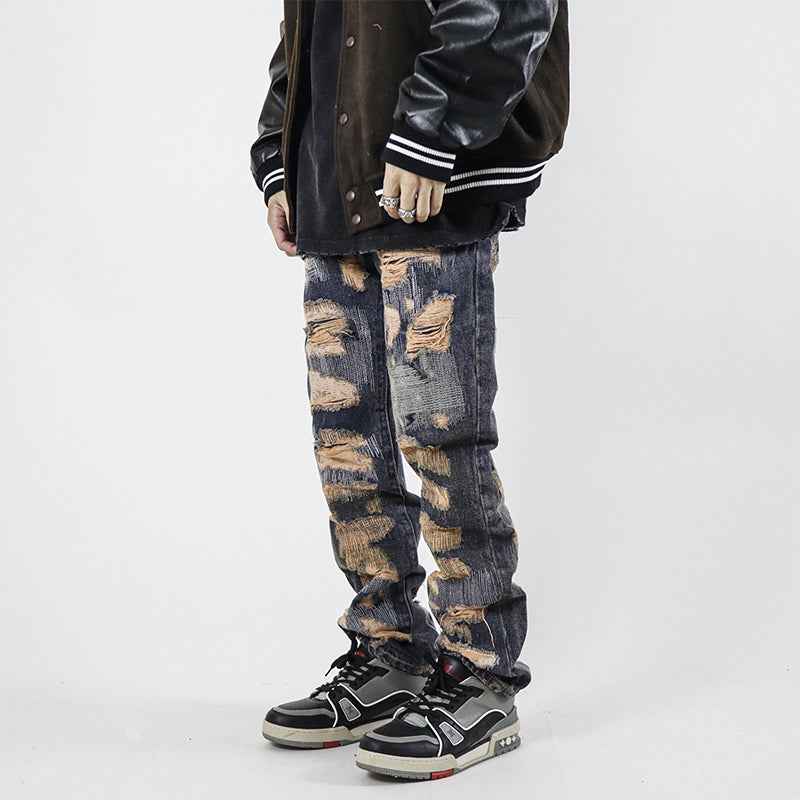 High Street Retro Washed Straight Hole Blasted Street Jeans For Men