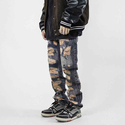 High Street Retro Washed Straight Hole Blasted Street Jeans For Men