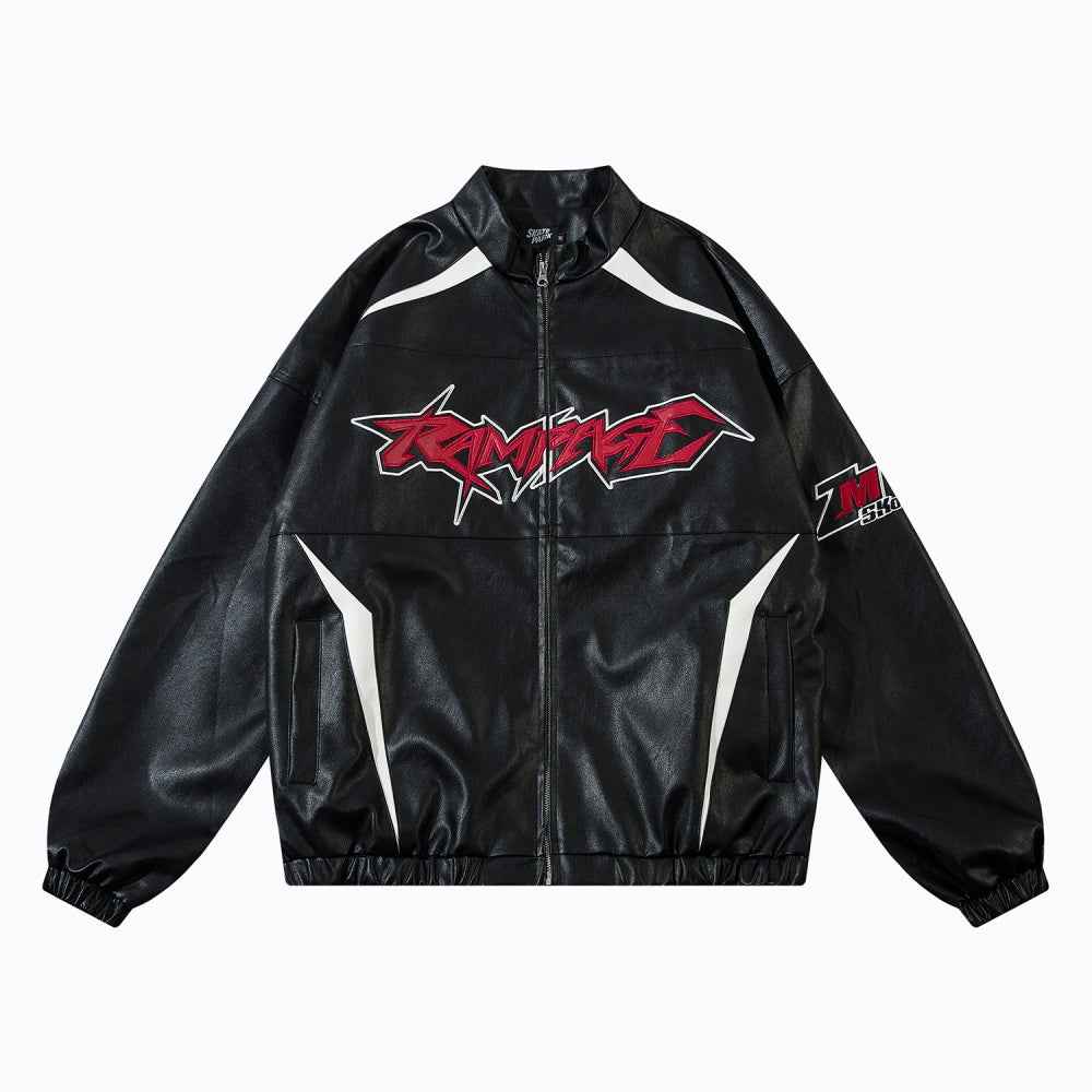 Locomotive Style PU Leather Contrast Color Jacket Couple Baggy Coat Black MuddyStock