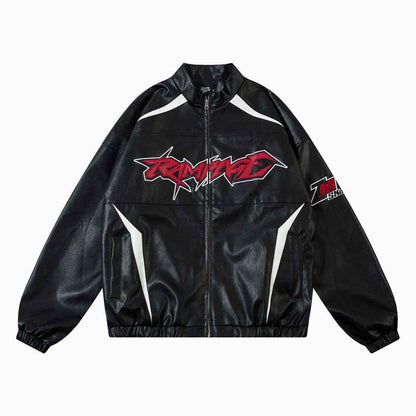 Locomotive Style PU Leather Contrast Color Jacket Couple Baggy Coat Black MuddyStock