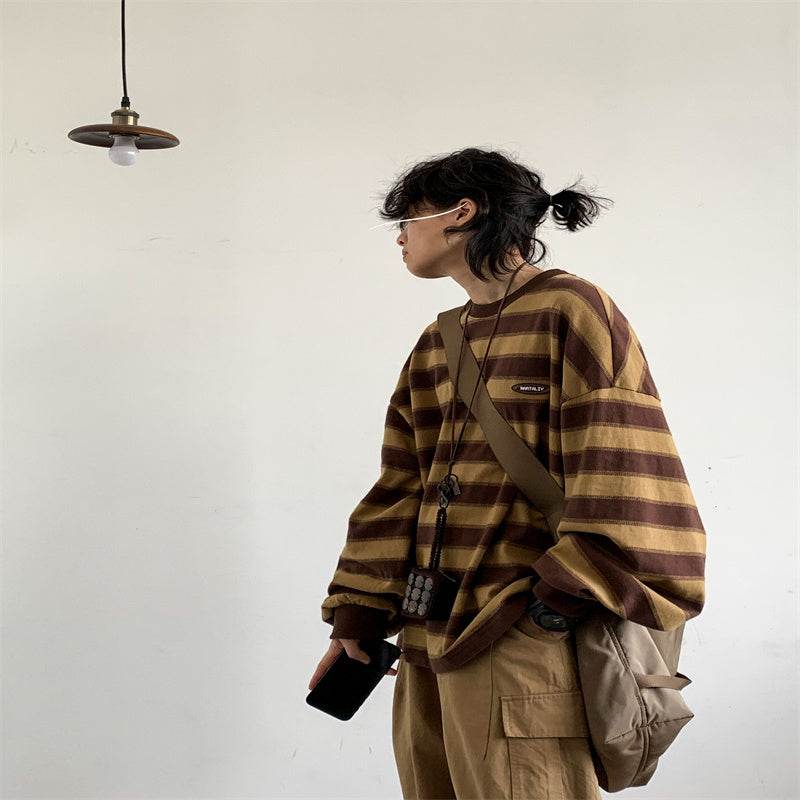 Japanese-style Retro Striped Long Sleeve T-shirt Loose Khaki Couple's Shirts MuddyStock