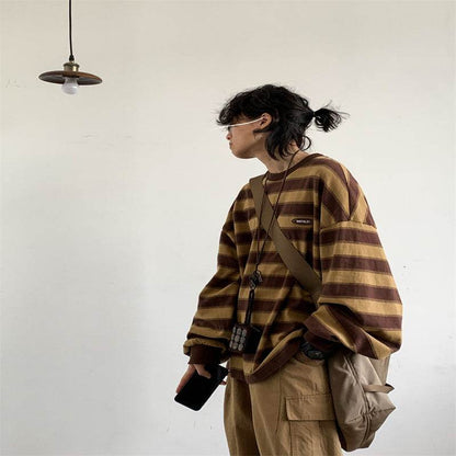 Japanese-style Retro Striped Long Sleeve T-shirt Loose Khaki Couple's Shirts MuddyStock
