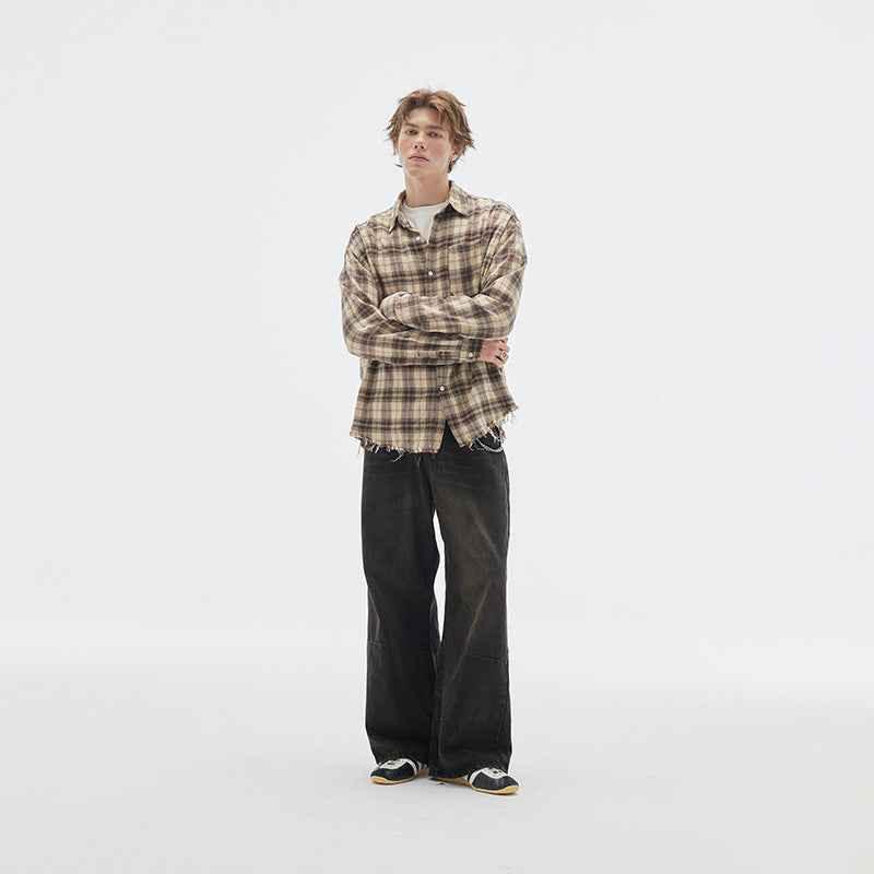 Vintage Brushed Plaid Long Sleeve Shirt For Men null