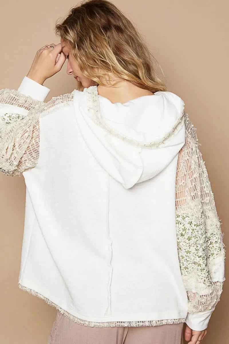 Star Patch Lace Contrast Long Sleeve Hooded Top For Women Trendsi