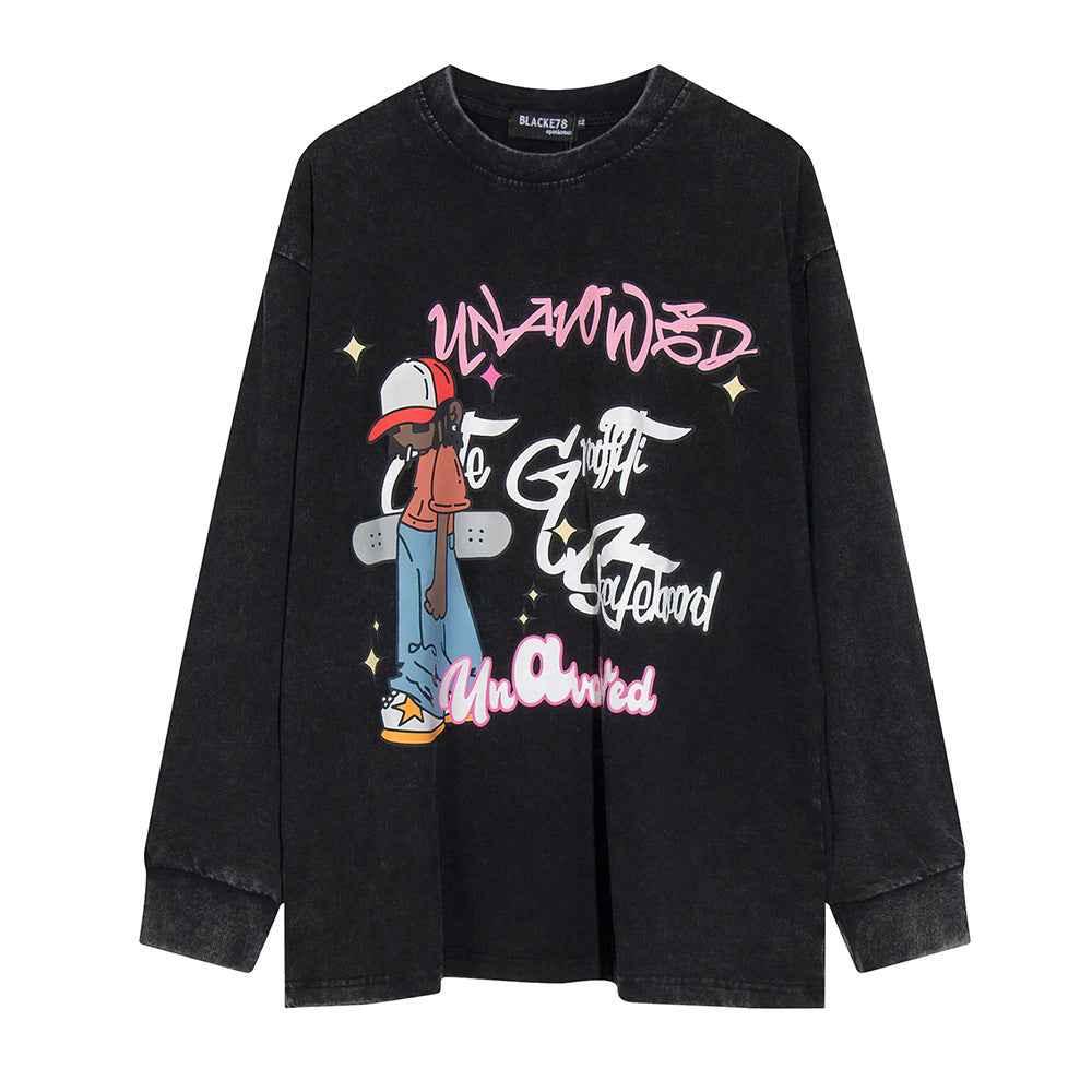 Loose Casual Cotton Distressed Washed T-shirt For Women Retro Black null