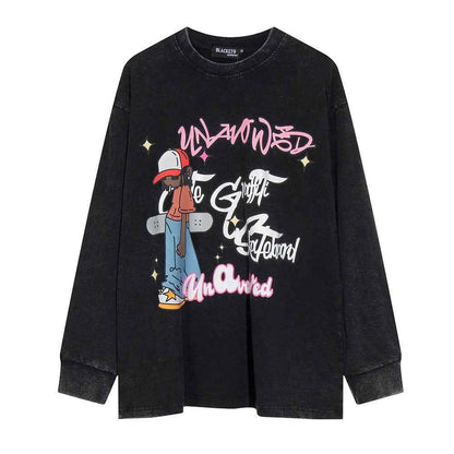 Loose Casual Cotton Distressed Washed T-shirt For Women Retro Black null