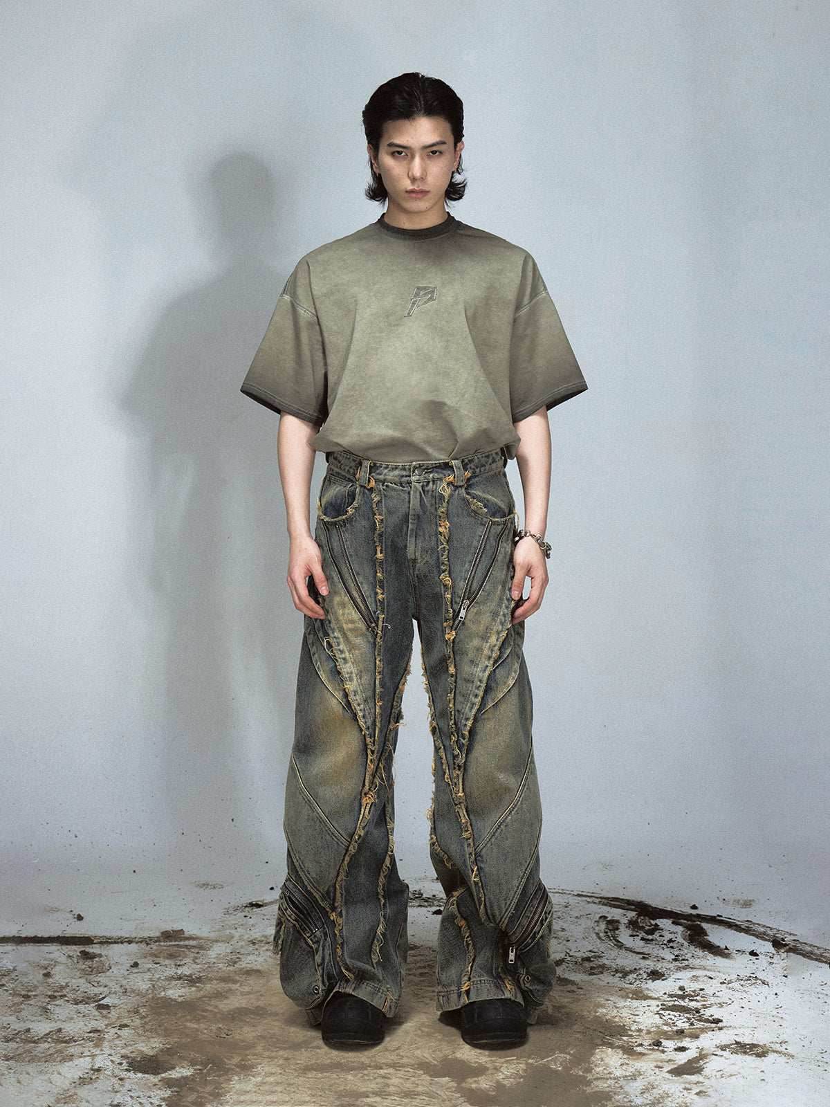 Heavy Industry Destroyed Raw Edge Stitching Jeans Retro Wide Leg Trousers MuddyStock