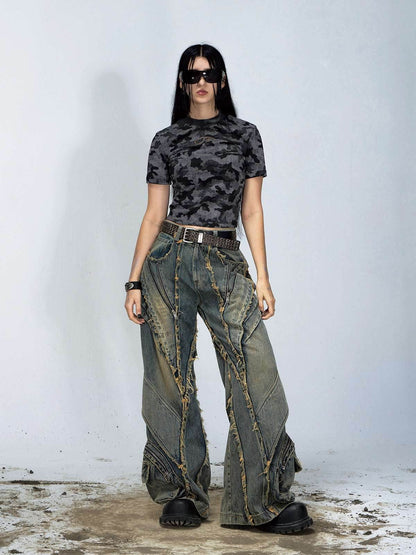 Heavy Industry Destroyed Raw Edge Stitching Jeans Retro Wide Leg Trousers MuddyStock