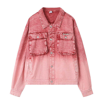 Washed Tie-dye Gradient Denim Jacket For Women Red MuddyStock