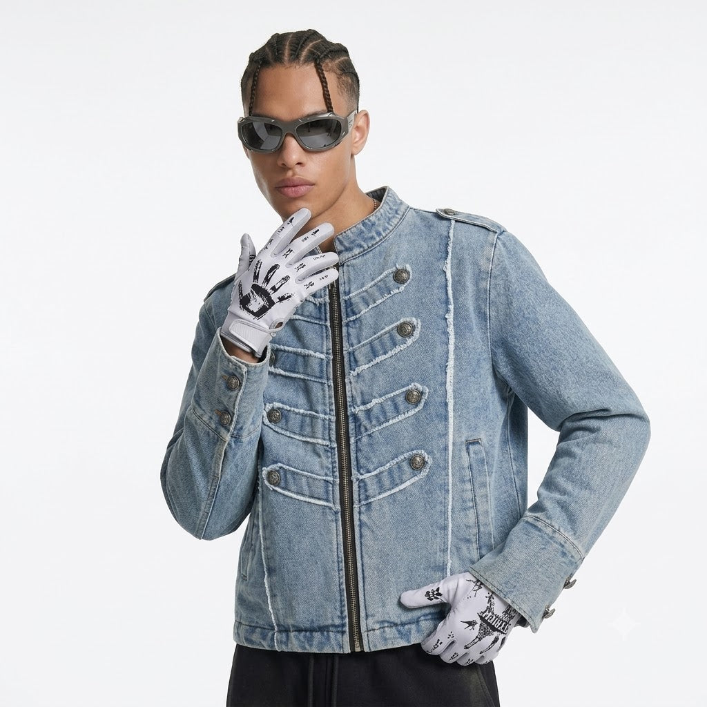 Metal Snap Button Decorated Short Stand Collar Denim Jacket For Men | MuddyStock Originals