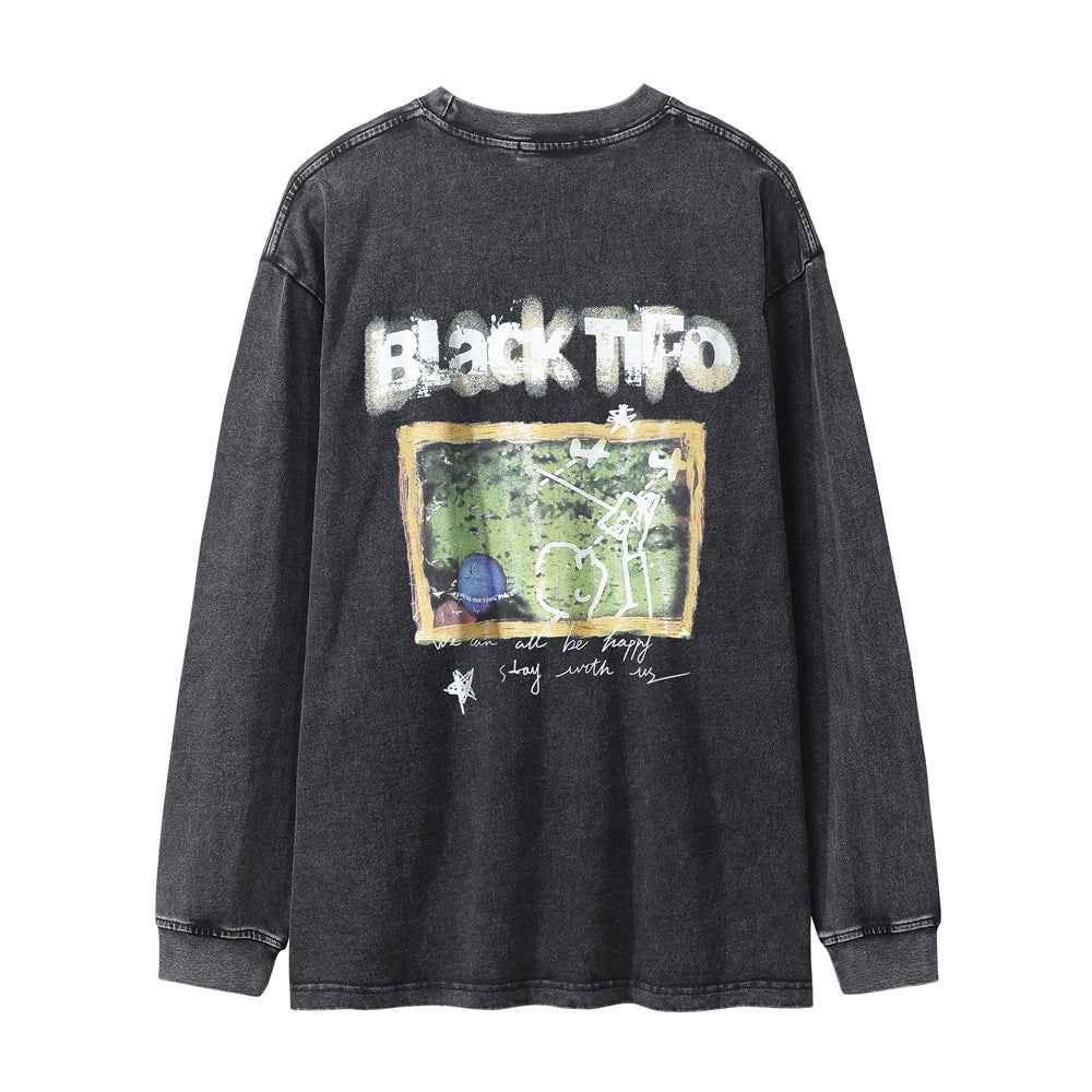 Letter Washed Old Long-sleeved T-shirt For Men null