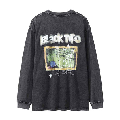 Letter Washed Old Long-sleeved T-shirt For Men null