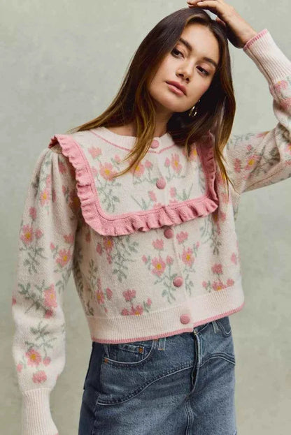 Flower With Ruffle Detailing Sweater Cardigan For Women Trendsi