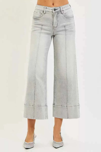 RISEN Mid Rise Crop Wide Pintuck Jeans For Women Trendsi