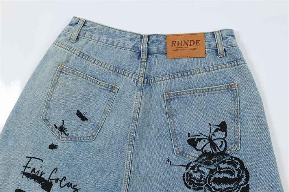 Printed Denim Straight Shorts For Men MuddyStock