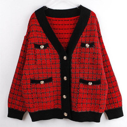 Knitted Jacket Women's Cardigan Plaid Loose Thickening Small Fragrance Style Foreign Style Red Onesize MuddyStock