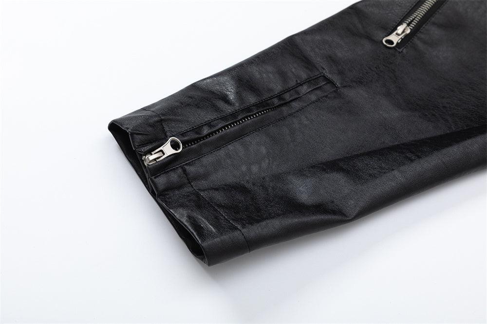 European And American Style Stitching PU Leather Sleeve Denim Jacket For Women null